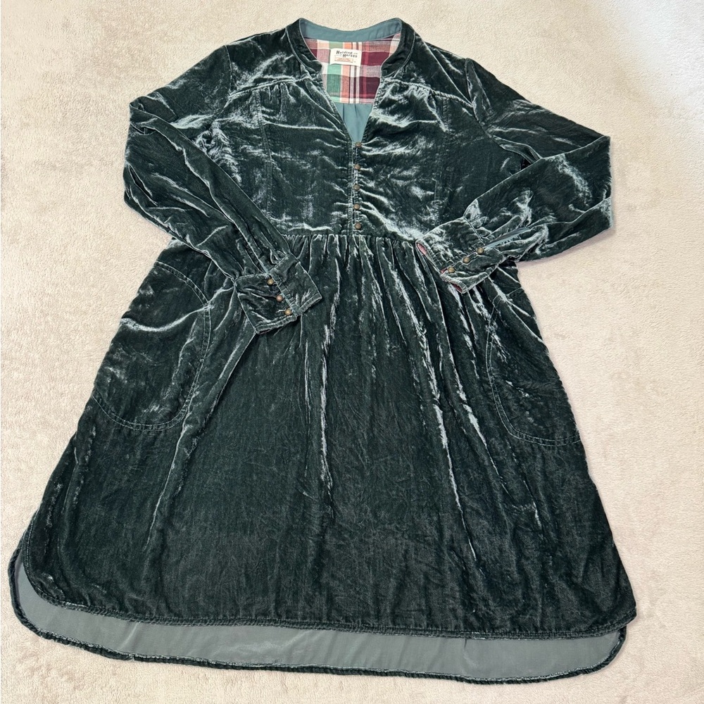 Holding Horses Anthropologie Womens Babydoll Long Sleeve Green Velvet Dress M